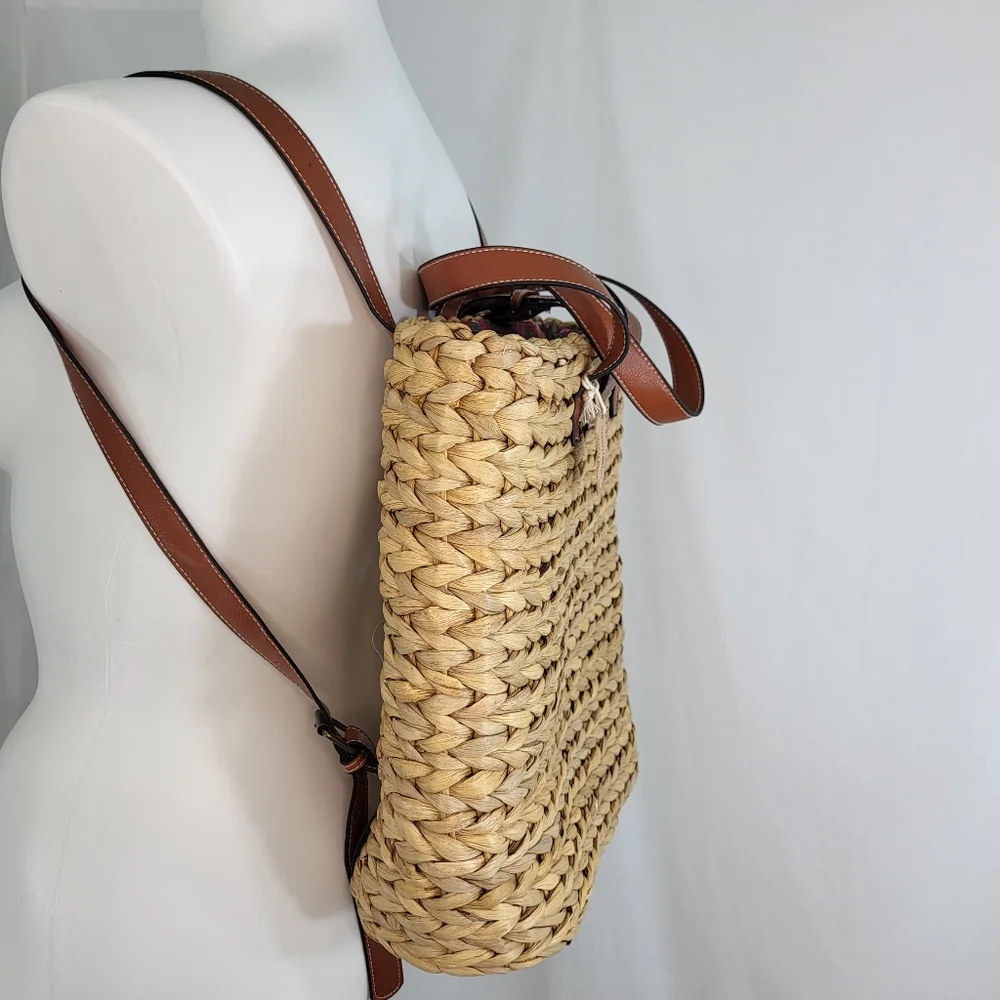 Natural Life Straw Backpack Tote BAG Floral Lined Water Hyacinth Woven Boho NWT